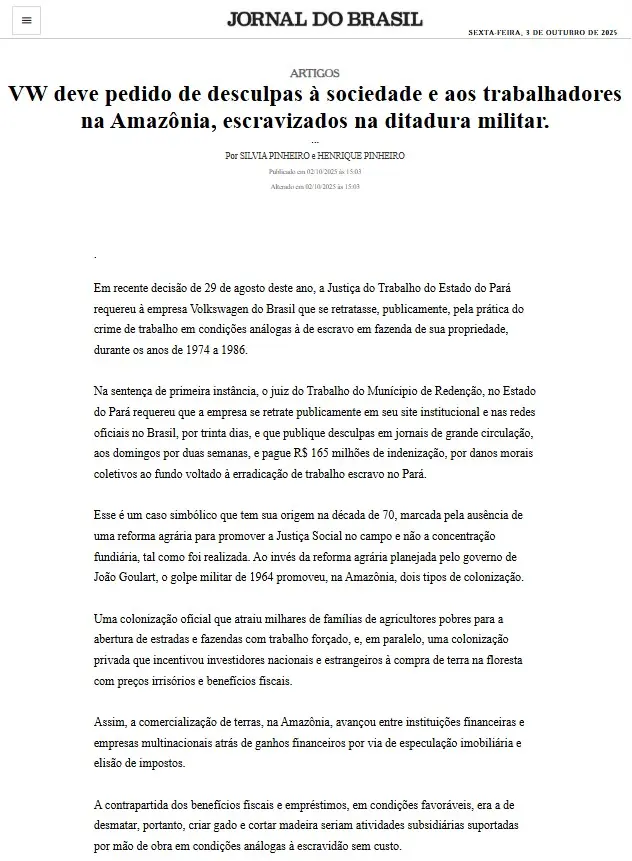 Volkwagen deve desculpas a escravizados na ditadura militar